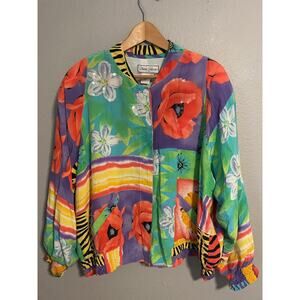 Diane Gilman Jacket Womens 3X Multicolor Floral Silk Statement Bomber 90s FLAW